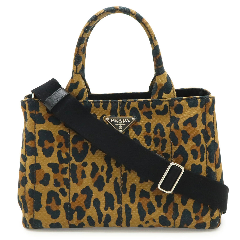 Prada Canapa Tote Bag Handbag Shoulder Canvas Leopard Brown Multicolor